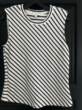 Tanya Taylor Black and White Diagonal Stripe Sleeveless Knit Tank
